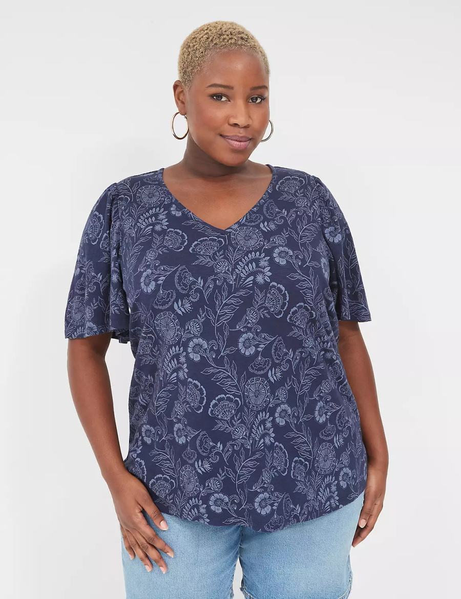 Women Lane Bryant Flutter-Sleeve V-Neck Top T Shirts Navy | DFC8741GG