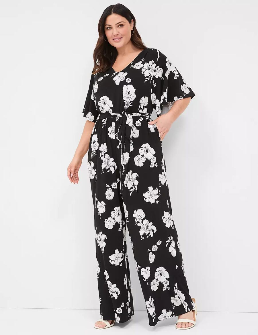 Women Lane Bryant Flutter-Sleeve Wide Leg Jersey Jumpsuit Black | JXB1100AG