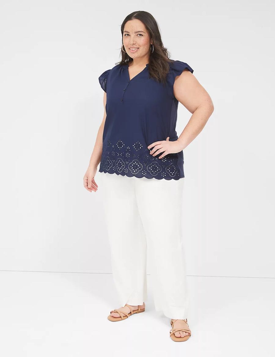 Women Lane Bryant Flutter-Sleeve Woven-Front Knit Top T Shirts Blue | LCT3120LZ