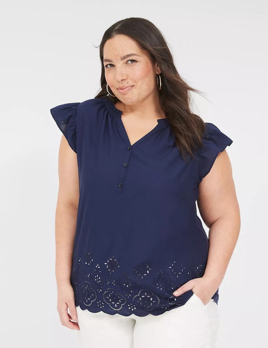 Women Lane Bryant Flutter-Sleeve Woven-Front Knit Top T Shirts Blue | LCT3120LZ