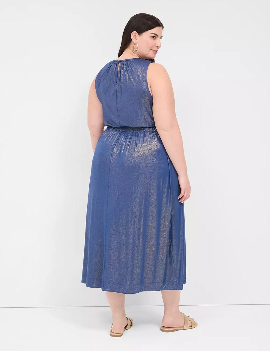 Women Lane Bryant Foil Shimmer Tie-Waist Midi Dress Dark Blue | UUG411XT