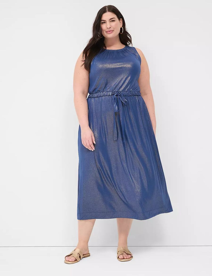 Women Lane Bryant Foil Shimmer Tie-Waist Midi Dress Dark Blue | UUG411XT