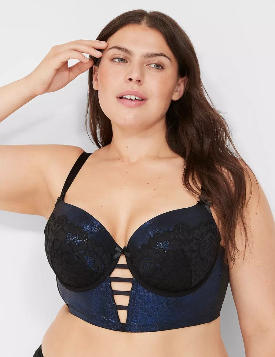 Women Lane Bryant Foil Shine Longline Balconette Bra Black | NVX9597JQ