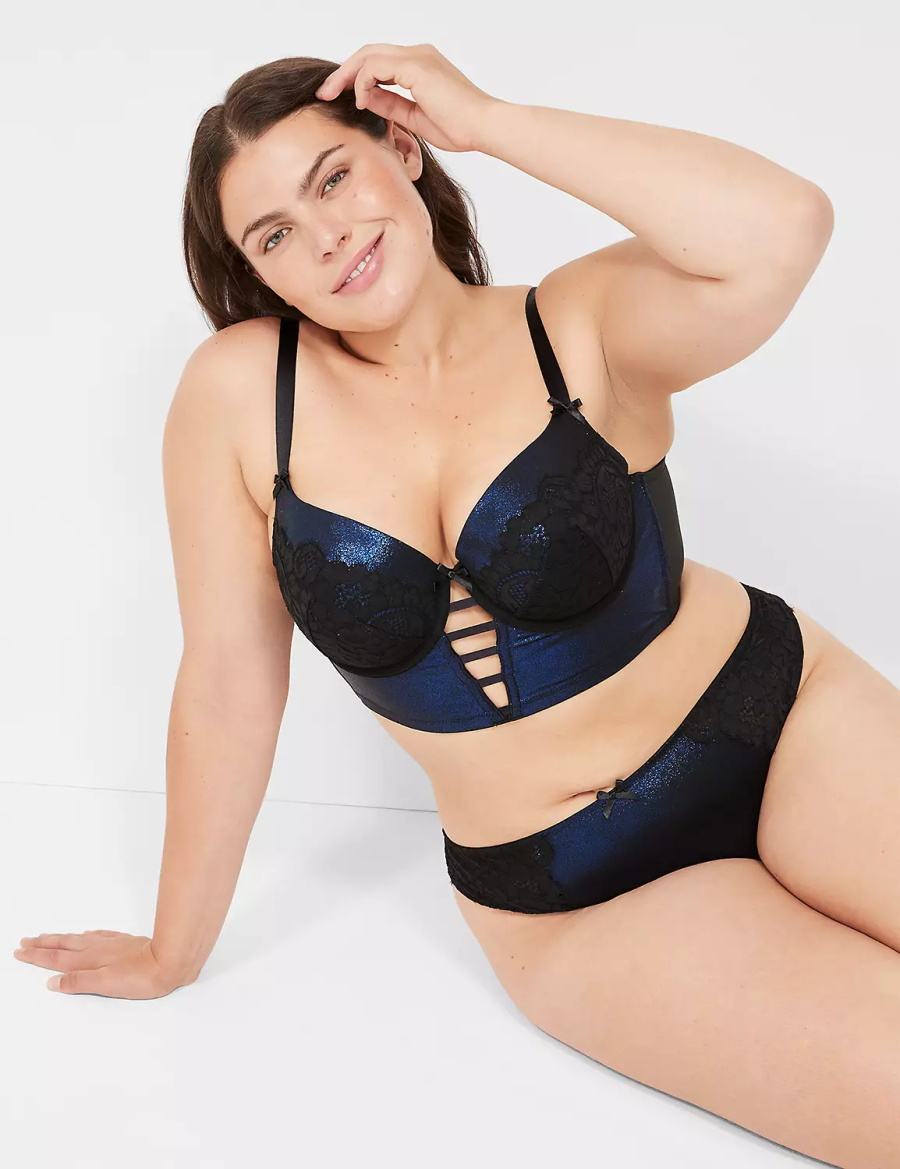 Women Lane Bryant Foil Shine Longline Balconette Bra Black | NVX9597JQ