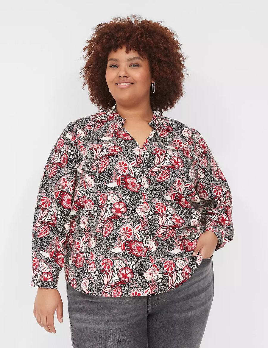 Women Lane Bryant Gathered Ruffle V-Neck Popover Shirts Red Black | IAL4139NT