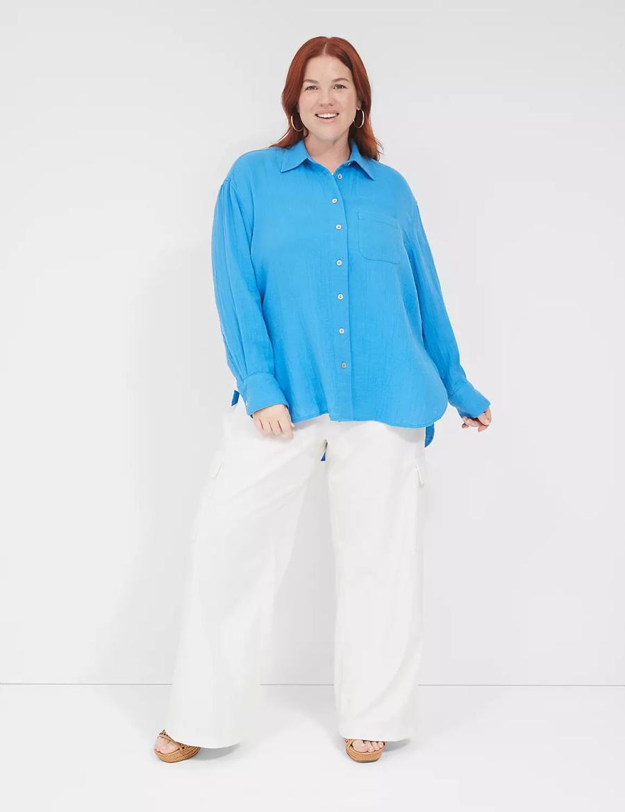 Women Lane Bryant Gauze Button-Down Beach Top Shirts Blue | HQQ3677WQ