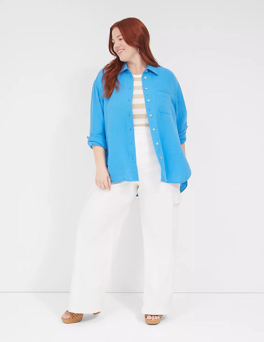 Women Lane Bryant Gauze Button-Down Beach Top Shirts Blue | HQQ3677WQ