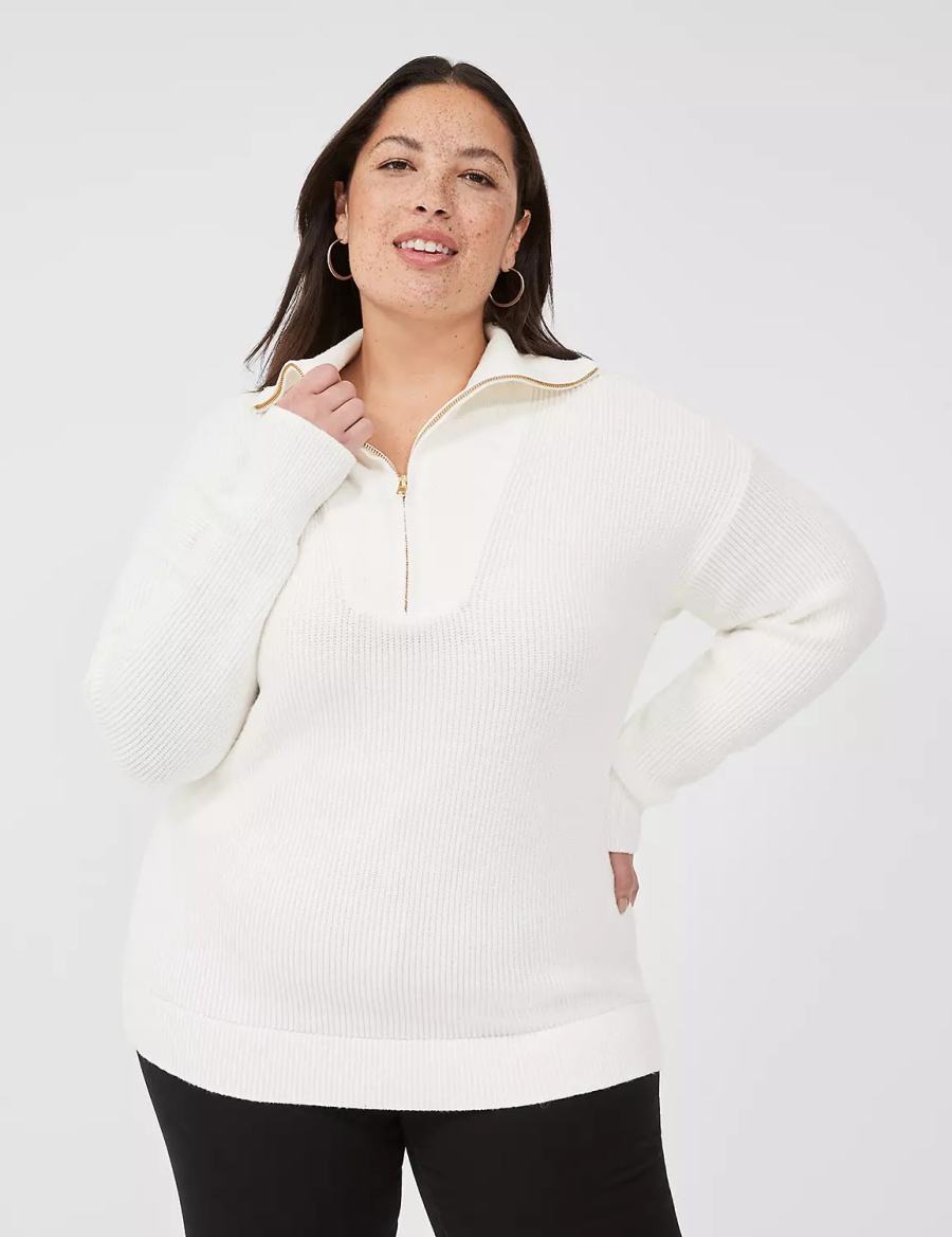 Women Lane Bryant Half-Zip Mock-Neck Sweaters White | JEK5094RU