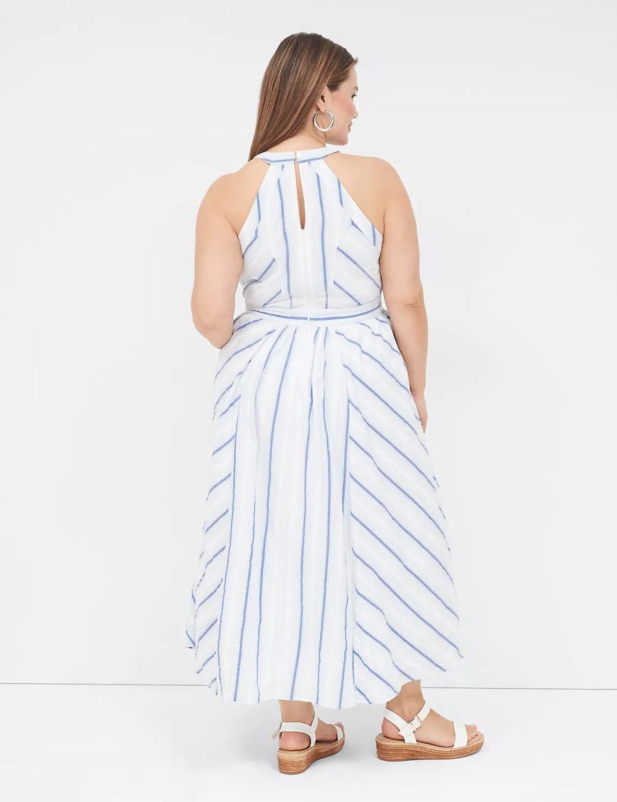 Women Lane Bryant Halter-Neck Maxi Dress White Blue | FQU304MP