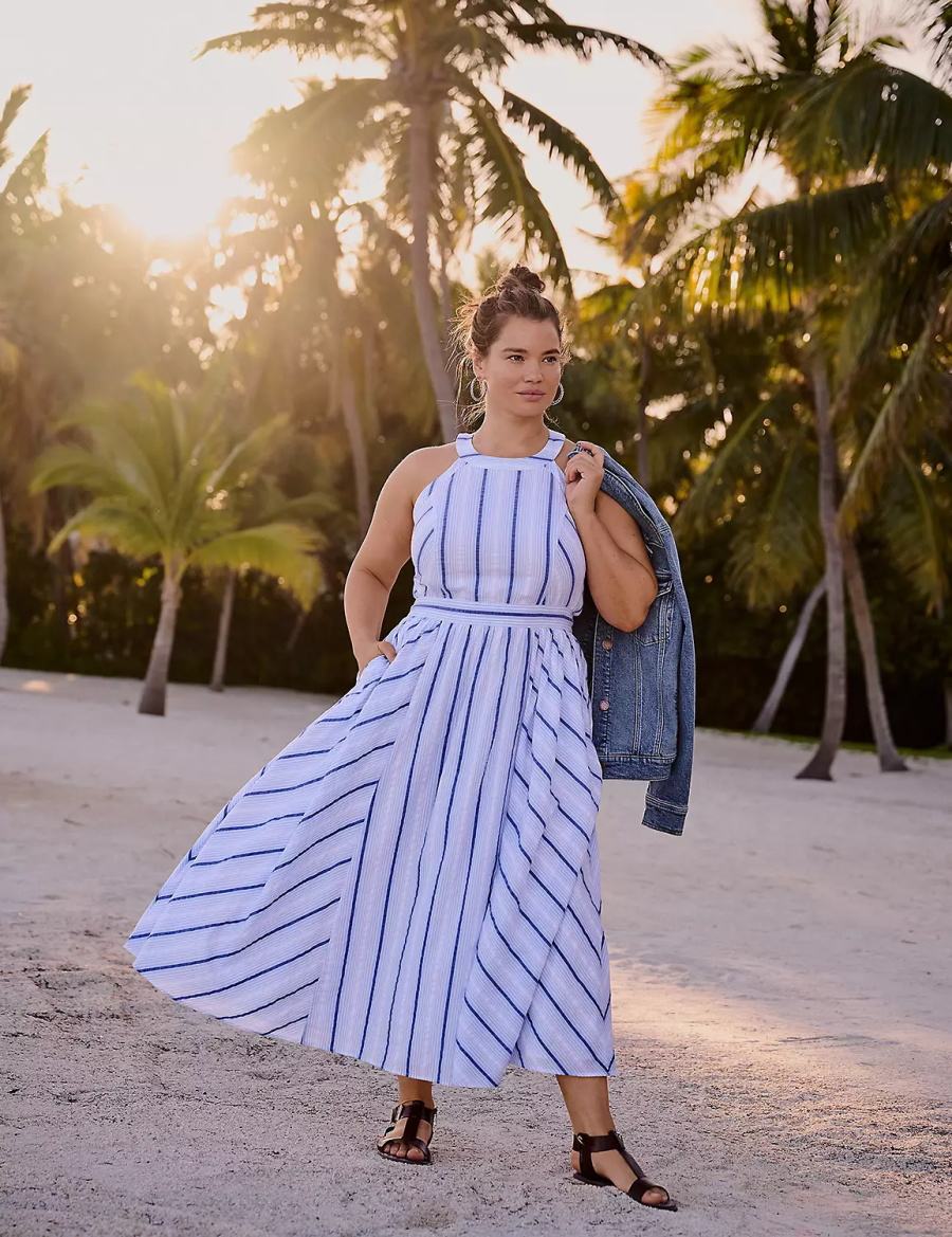 Women Lane Bryant Halter-Neck Maxi Dress White Blue | FQU304MP