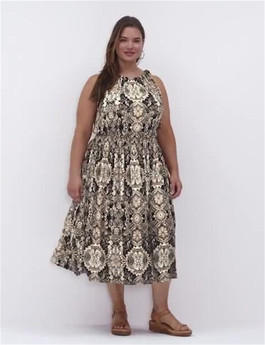 Women Lane Bryant Halter-Neck Smocked-Waist Jersey Midi Dress Black Multicolor | YLD8842PV