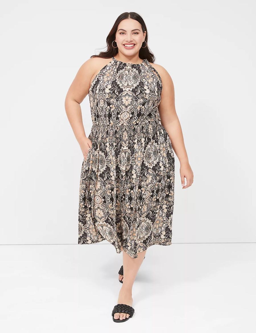 Women Lane Bryant Halter-Neck Smocked-Waist Jersey Midi Dress Black Multicolor | YLD8842PV