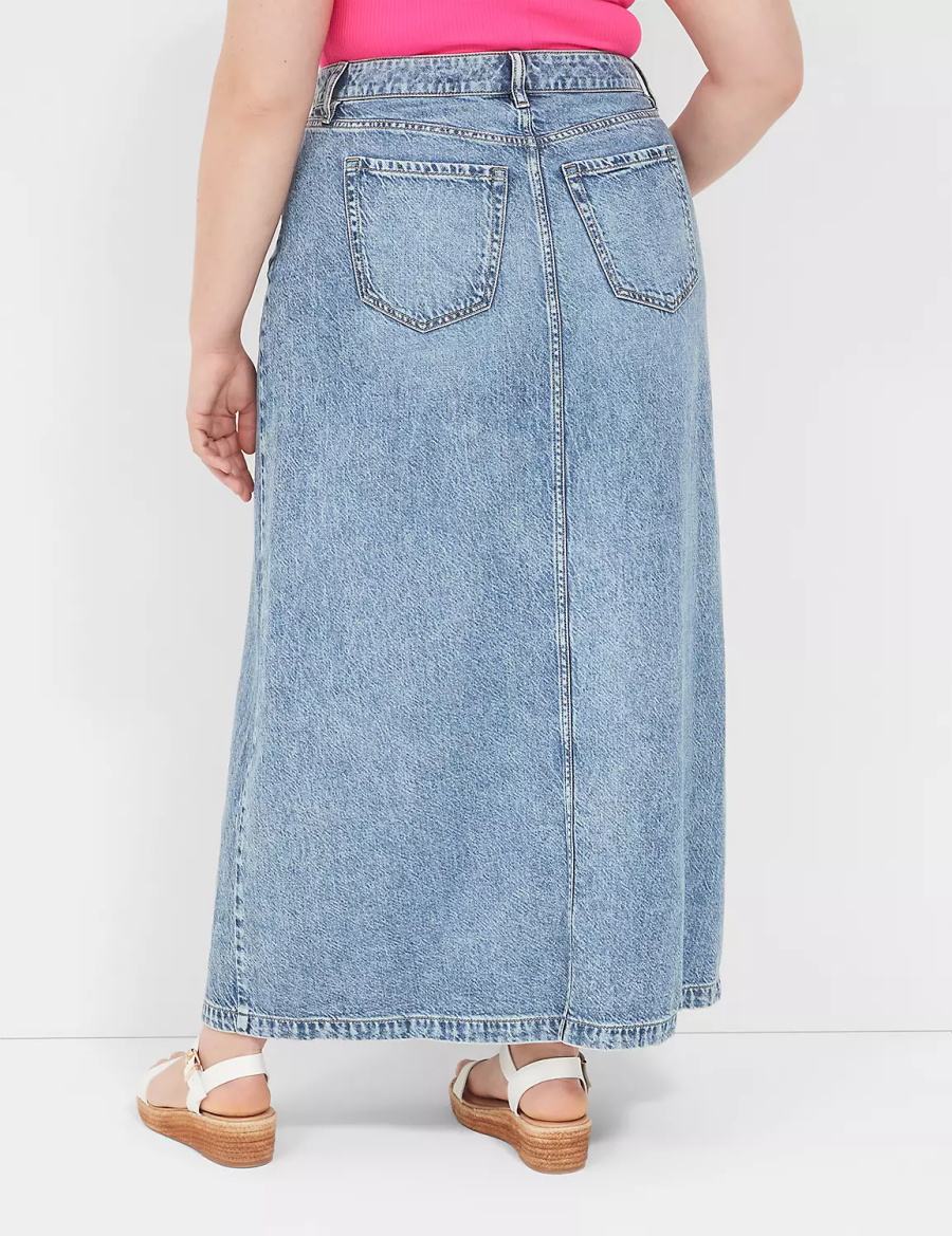 Women Lane Bryant High-Rise Front-Slit Denim Maxi Skirts Light Blue | WEX2078ND