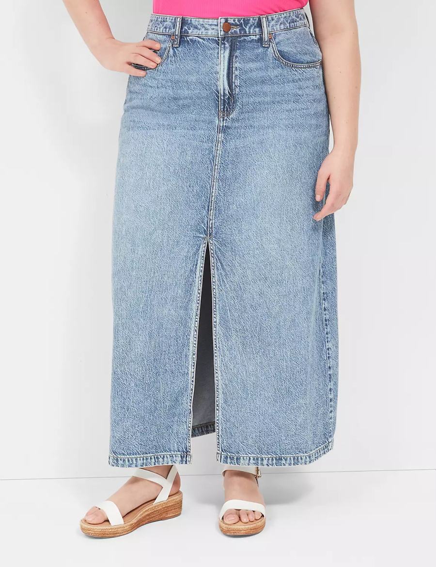 Women Lane Bryant High-Rise Front-Slit Denim Maxi Skirts Light Blue | WEX2078ND