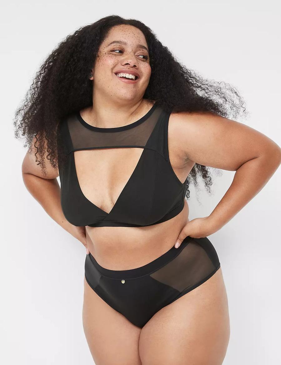 Women Lane Bryant High Apex With Mesh Overlay Bralettes Black | IPH457PU