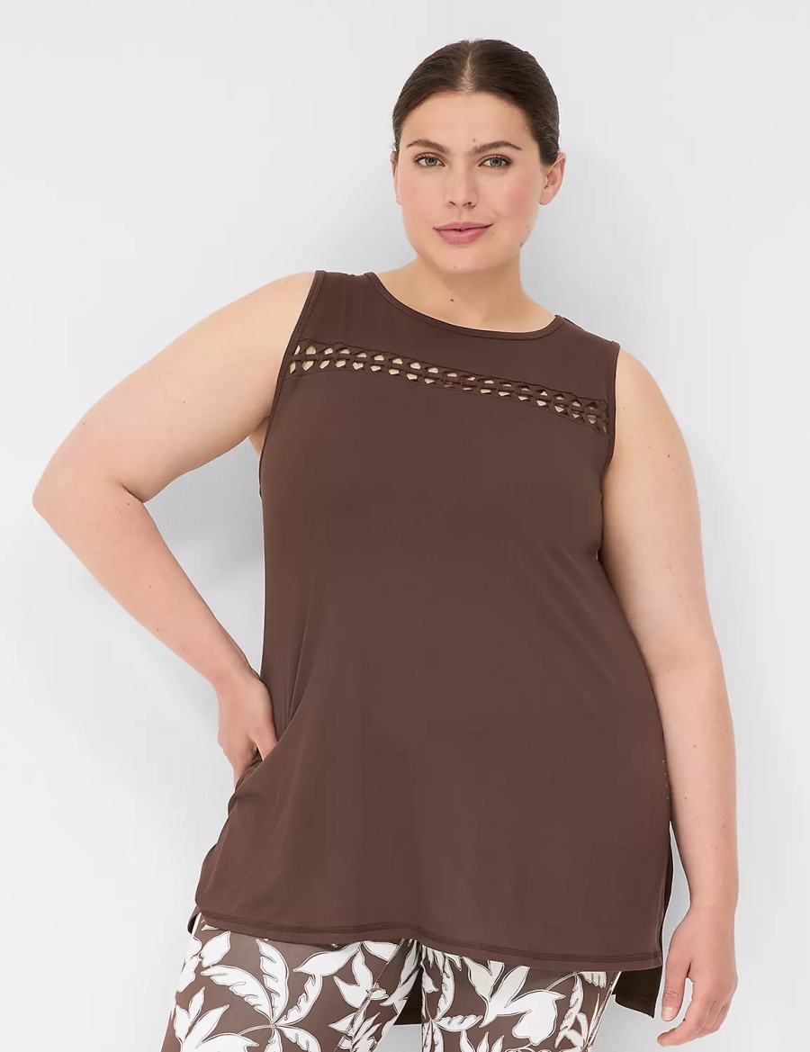 Women Lane Bryant LIVI Crew-Neck Macrame Tank Top Dark Brown | RIE6552YV