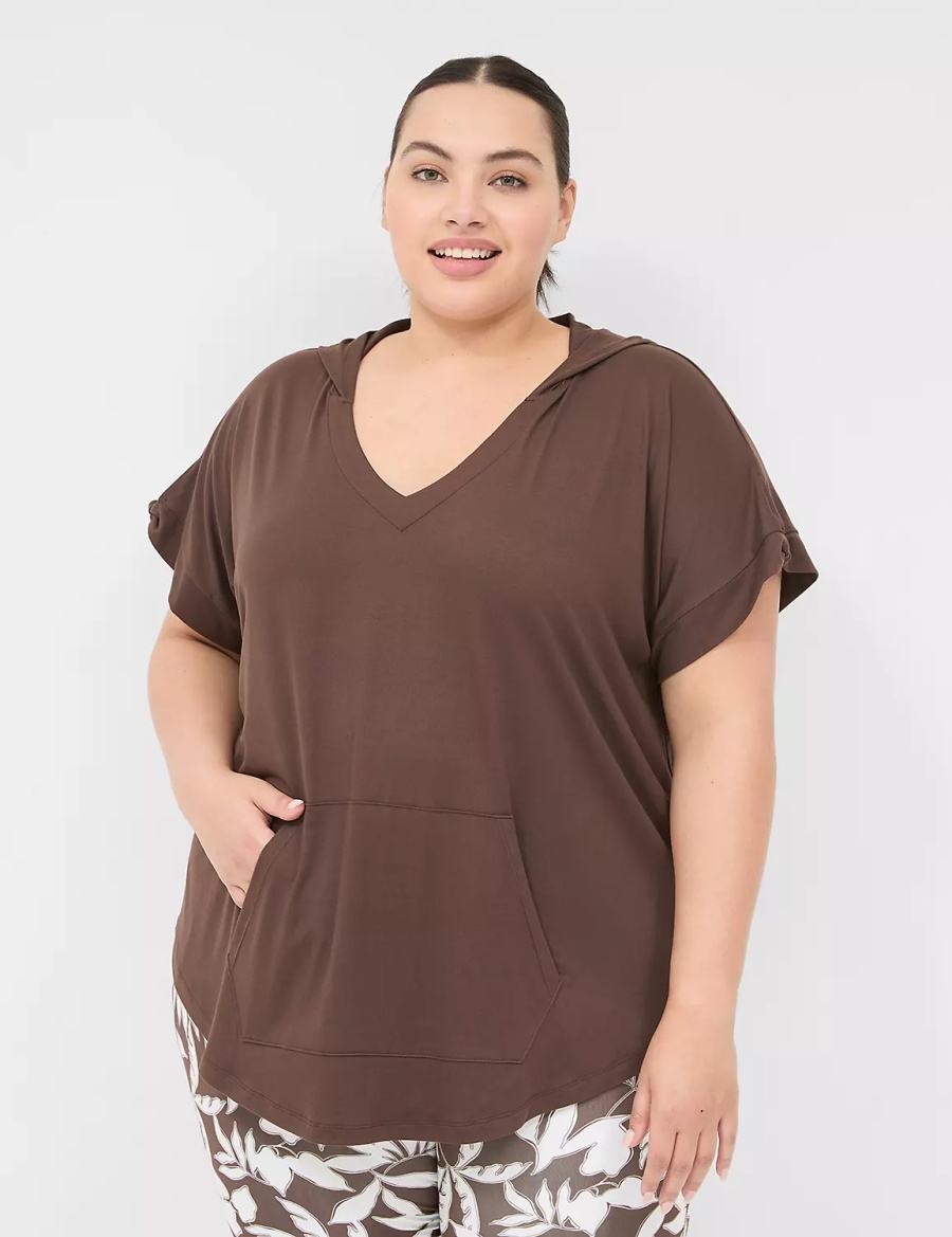 Women Lane Bryant LIVI Knot-Sleeve Recycled LIVI Soft Hooded Tunic T Shirts Dark Brown | ICN8453VU