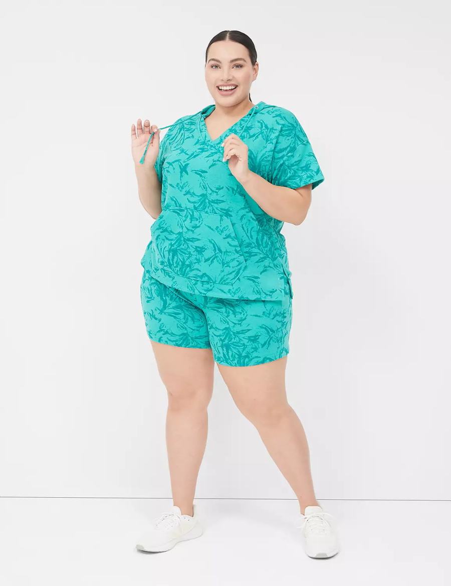 Women Lane Bryant LIVI Short-Sleeve French Terry Hoodie Turquoise | FLH3254VX