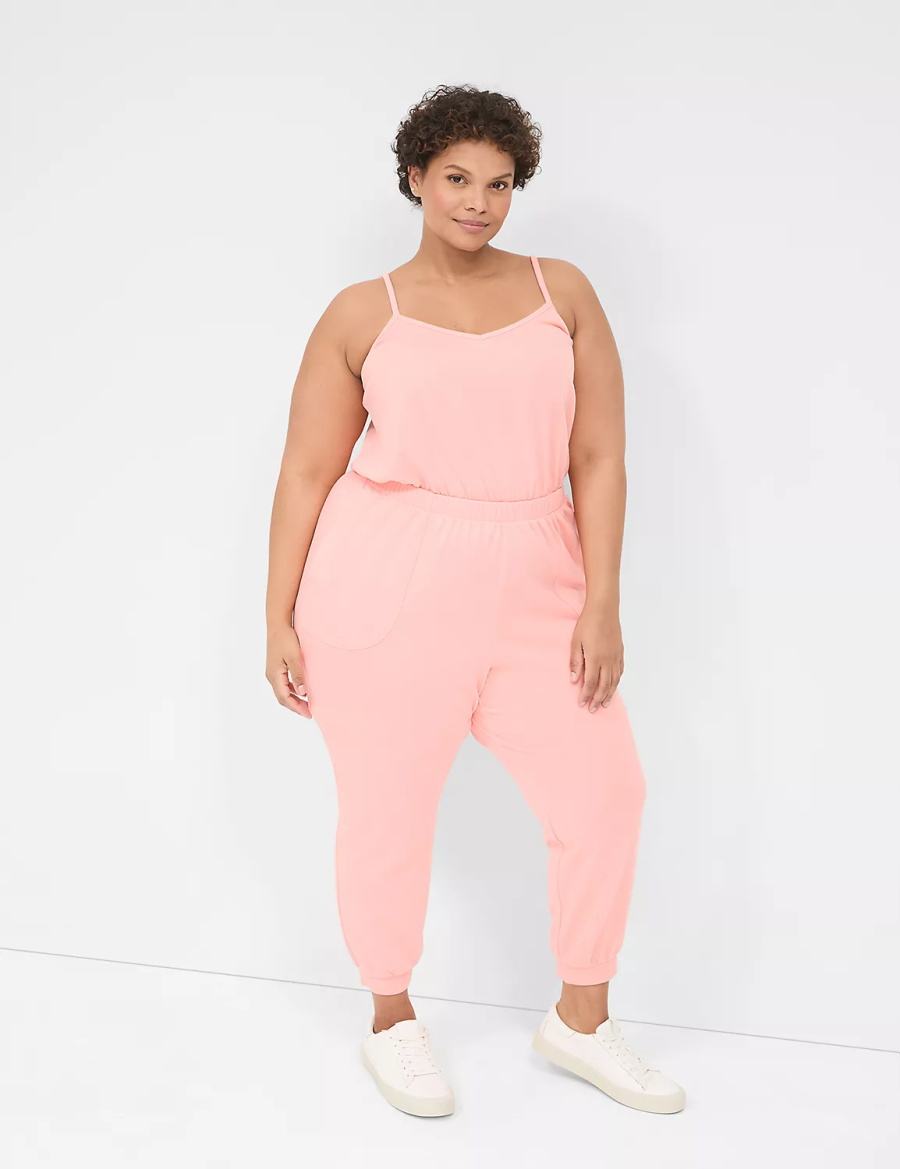 Women Lane Bryant LIVI Sleeveless French Terry Jumpsuit Pink | ARV2373CJ