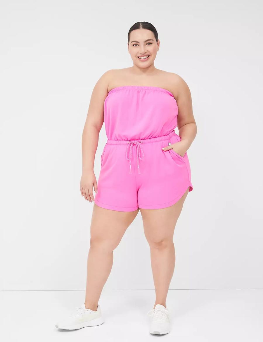 Women Lane Bryant LIVI Strapless Pull-On French Terry Romper Casual Dress Pink | GOK5780XK