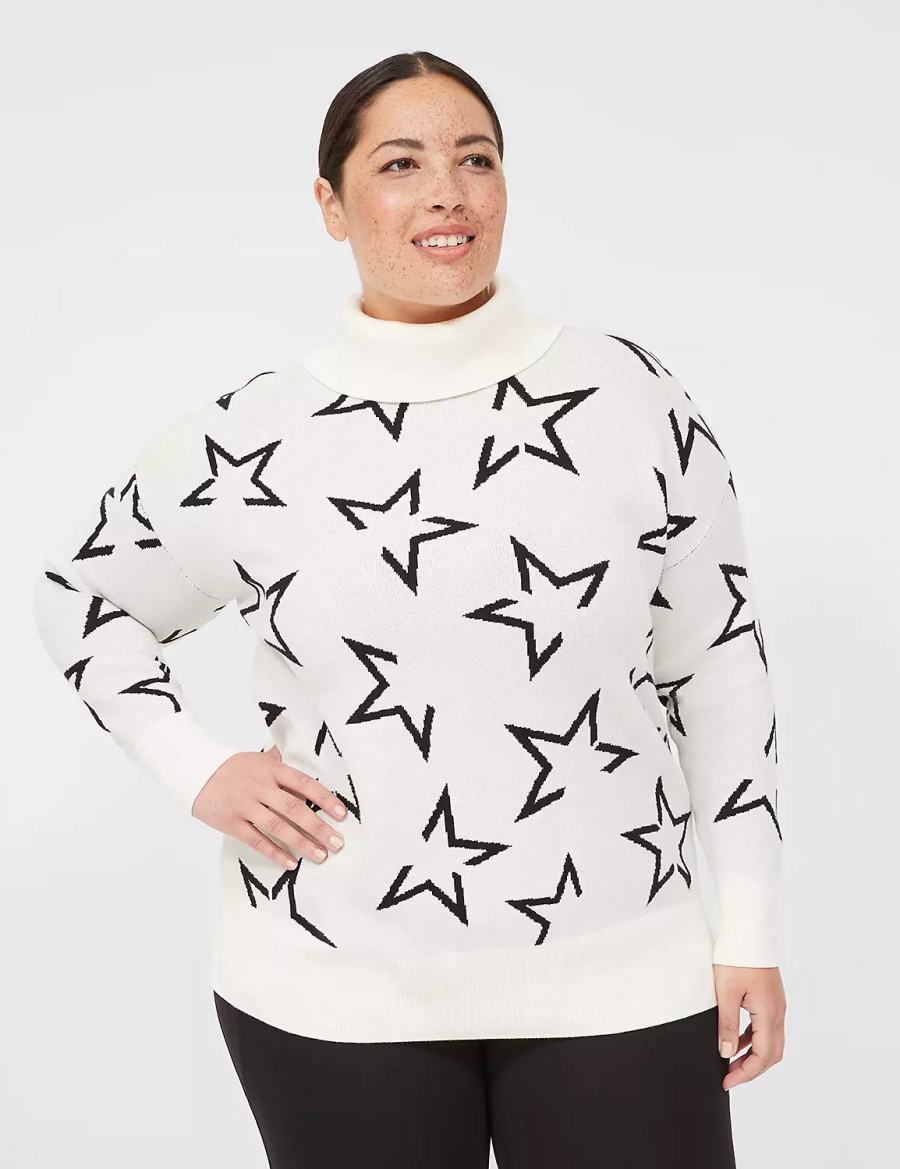 Women Lane Bryant LIVI Turtleneck Star Sweaters Cream Black | QMI3076LY