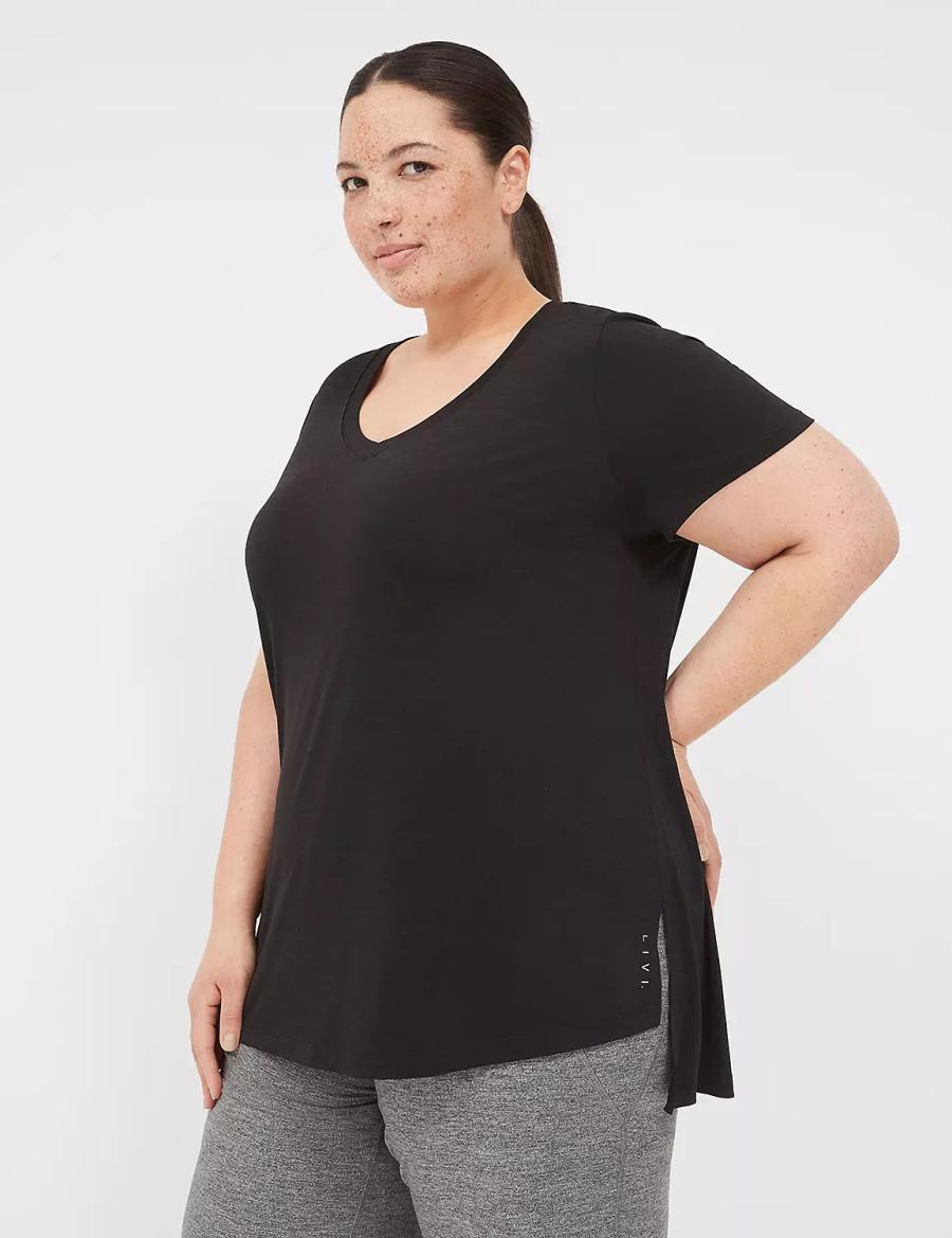 Women Lane Bryant LIVI V-Neck Ruched-Back Tee T Shirts Black | HME2682PX