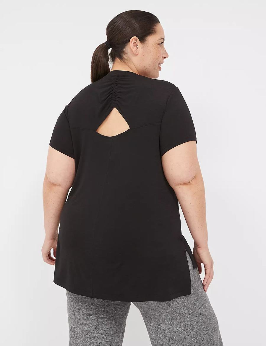 Women Lane Bryant LIVI V-Neck Ruched-Back Tee T Shirts Black | HME2682PX