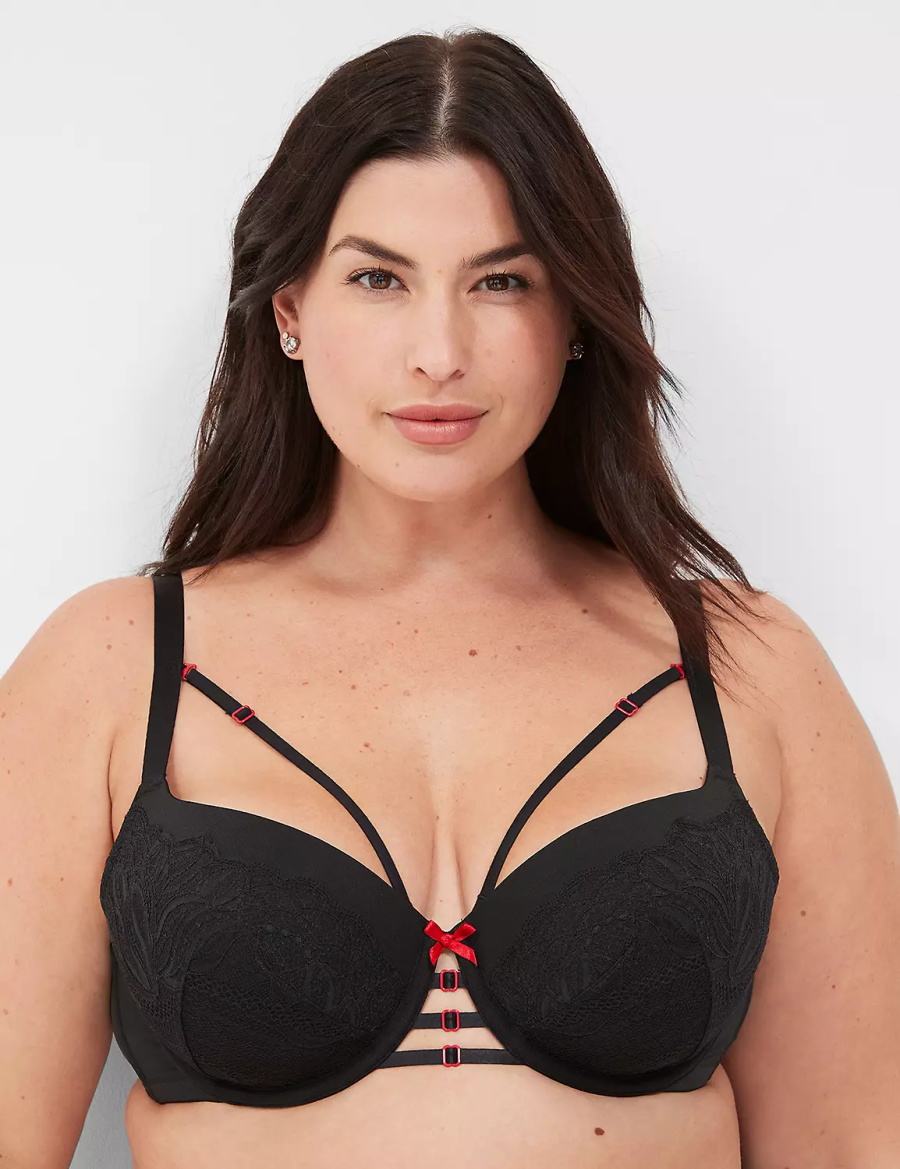 Women Lane Bryant Lace-Trim Lightly Lined Balconette Bra Black | TLJ674YJ