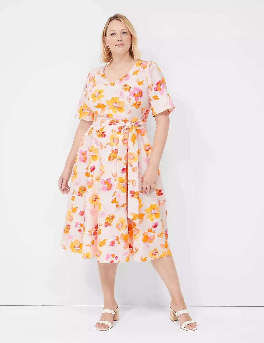 Women Lane Bryant Lena V-Neck Level-Hem Midi Dress Pink Orange | TGP10082XG