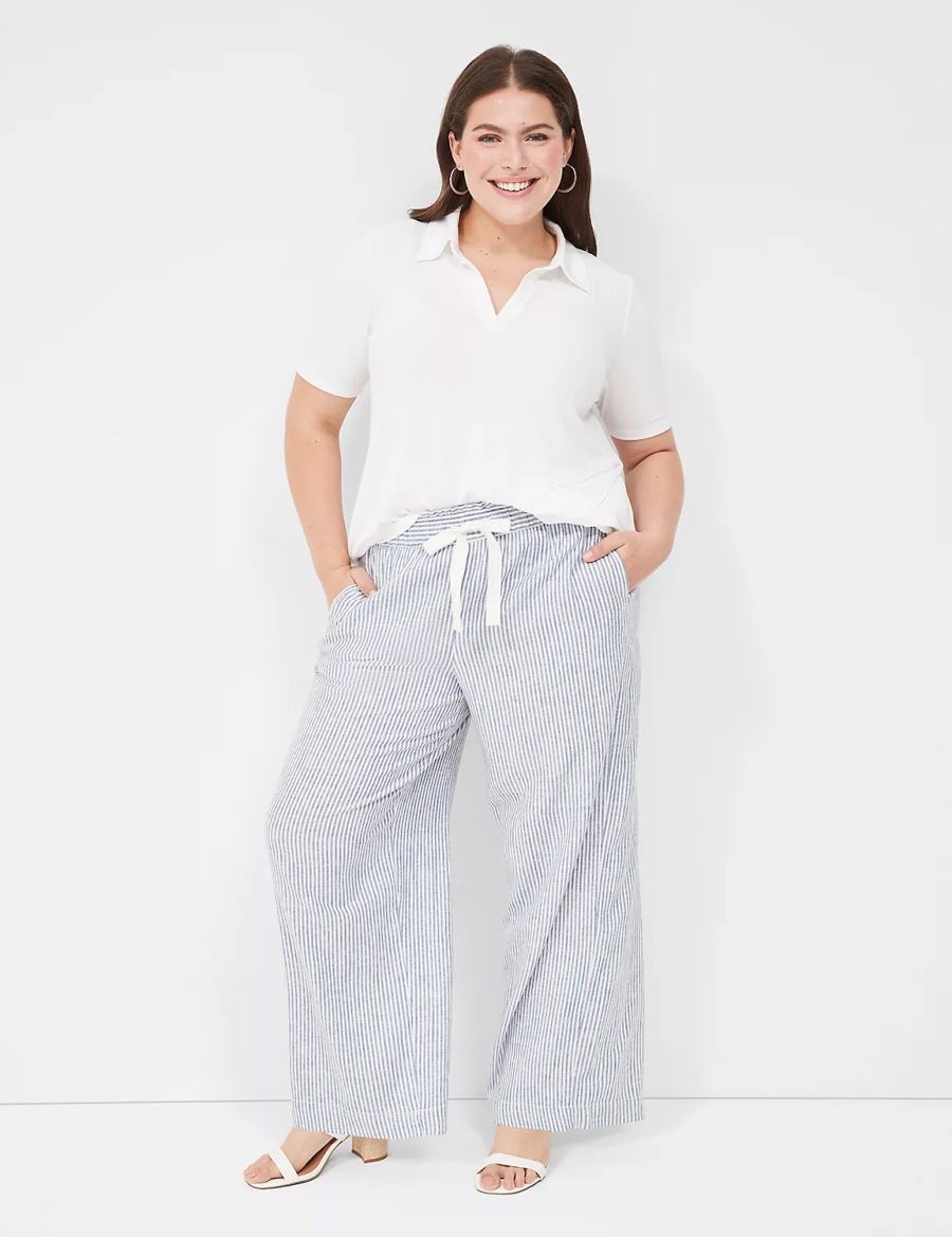 Women Lane Bryant Linen Stripe Wide Leg Pants Blue Stripes | YTW9924XW