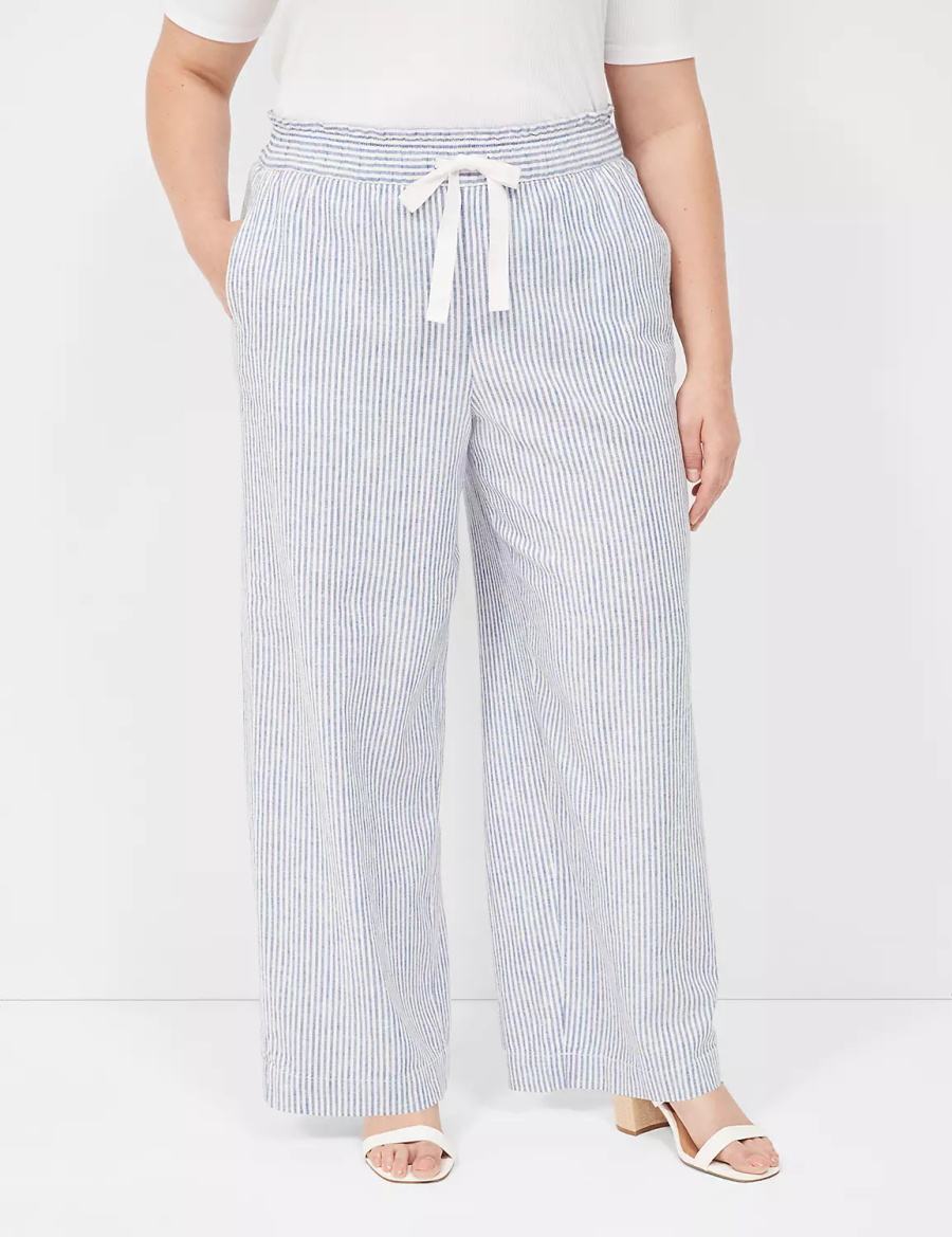 Women Lane Bryant Linen Stripe Wide Leg Pants Blue Stripes | YTW9924XW