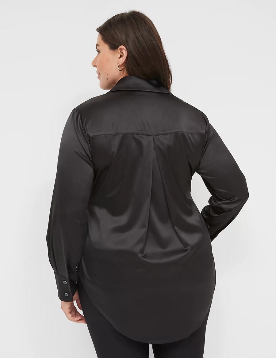 Women Lane Bryant Long-Sleeve Button-Down Satin Shirts Black | LJX1024KX