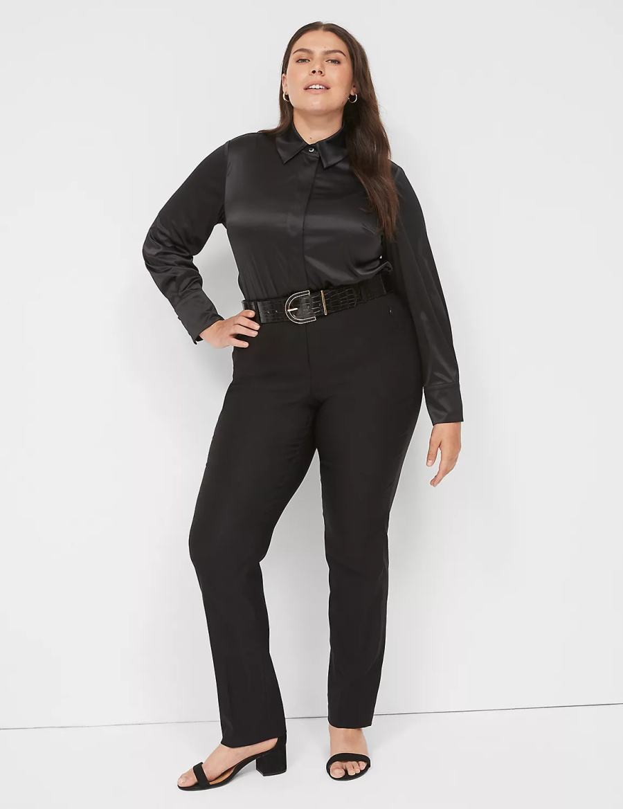 Women Lane Bryant Long-Sleeve Button-Down Satin Shirts Black | LJX1024KX