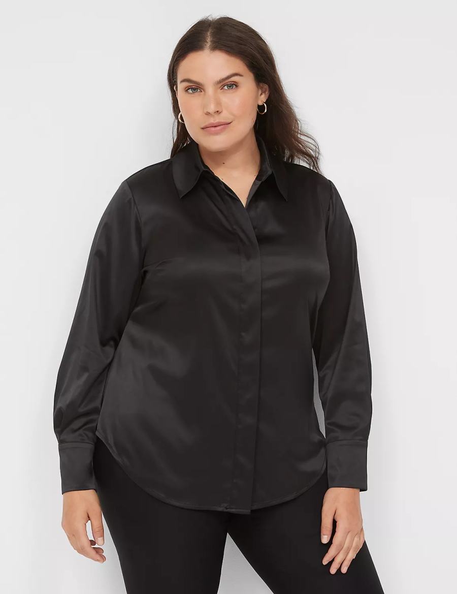 Women Lane Bryant Long-Sleeve Button-Down Satin Shirts Black | LJX1024KX