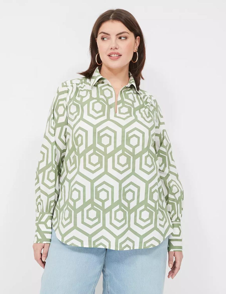 Women Lane Bryant Long-Sleeve Collar Popover Shirts Green | DQY6696RW