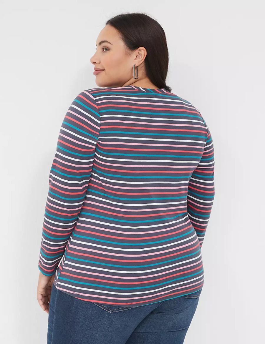 Women Lane Bryant Long-Sleeve Crew-Neck Tee T Shirts Navy Multicolor Stripes | WJF678XU