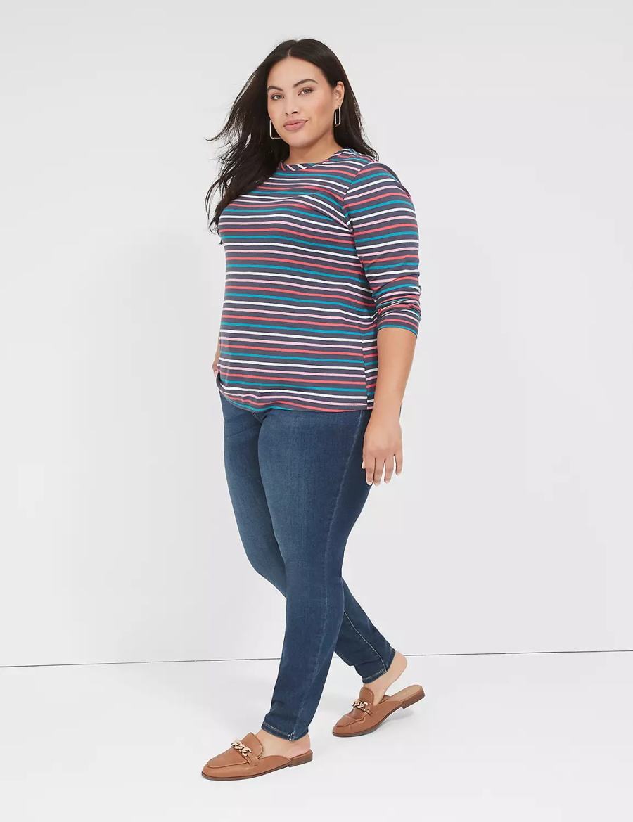 Women Lane Bryant Long-Sleeve Crew-Neck Tee T Shirts Navy Multicolor Stripes | WJF678XU