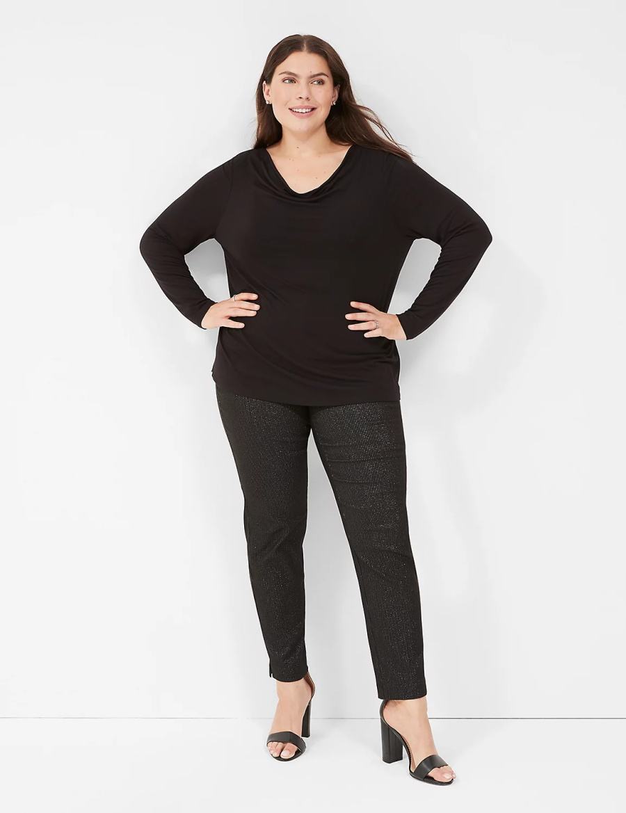 Women Lane Bryant Long-Sleeve Drape-Neck Top T Shirts Black | FMX1211FO