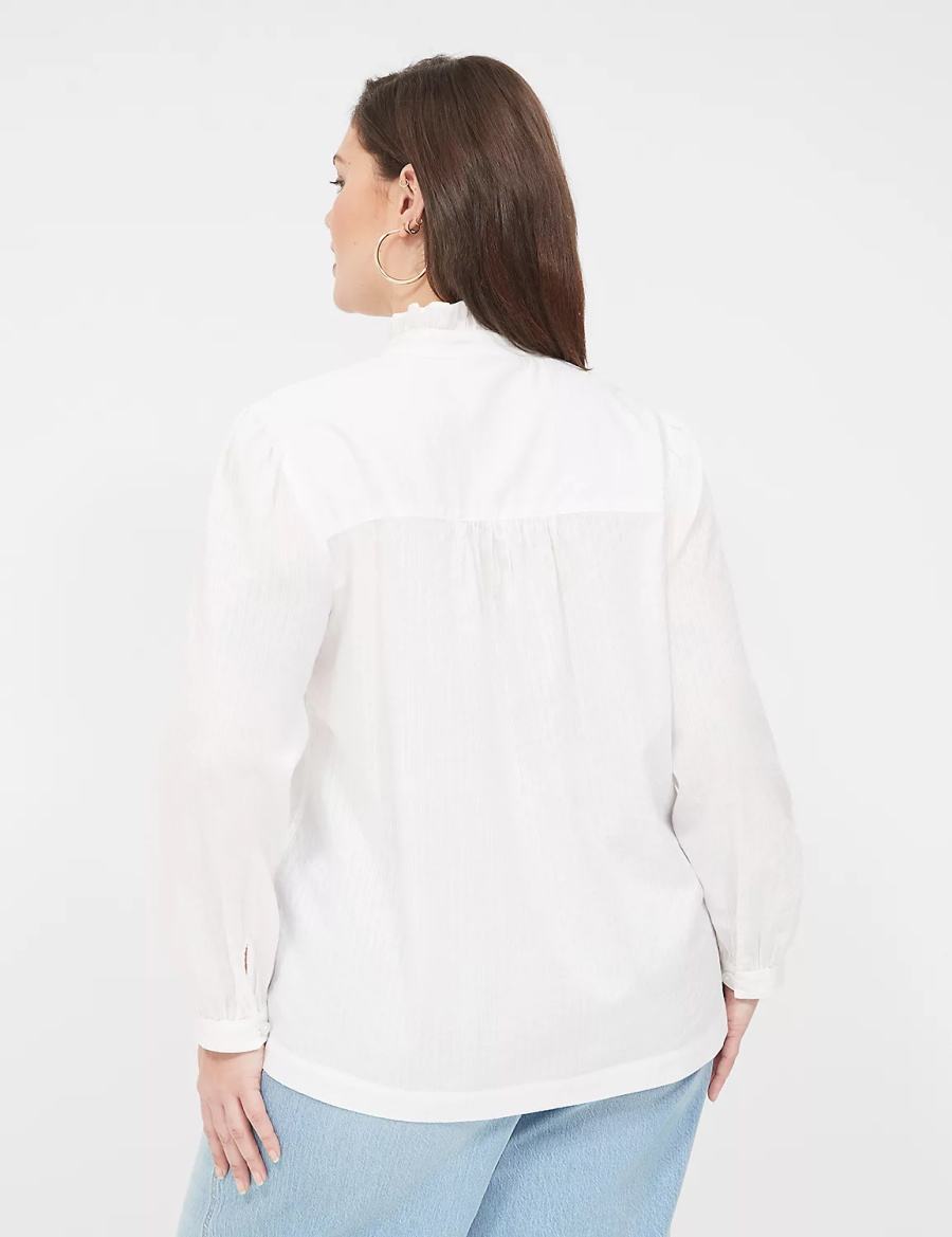 Women Lane Bryant Long-Sleeve Ruffle Collar Blouse White | WSZ3688SX