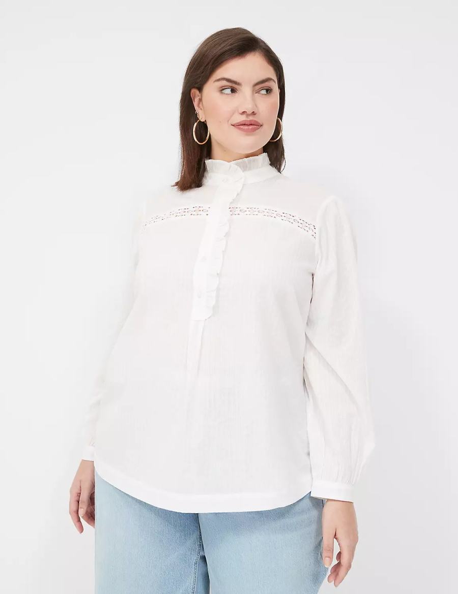 Women Lane Bryant Long-Sleeve Ruffle Collar Blouse White | WSZ3688SX