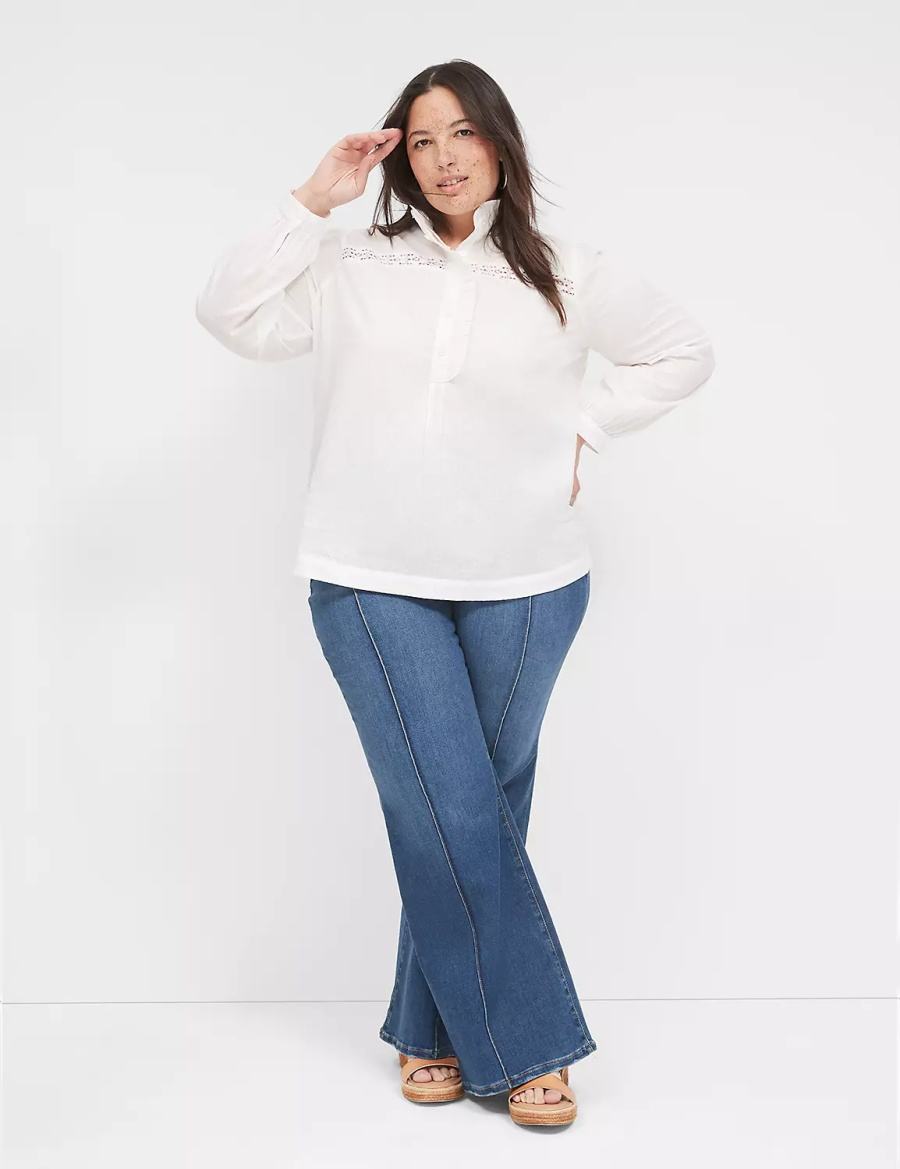 Women Lane Bryant Long-Sleeve Ruffle Collar Blouse White | WSZ3688SX