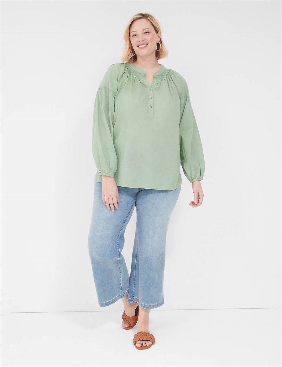 Women Lane Bryant Long-Sleeve Split-Neck Popover Shirts Light Green | SRT3873UF