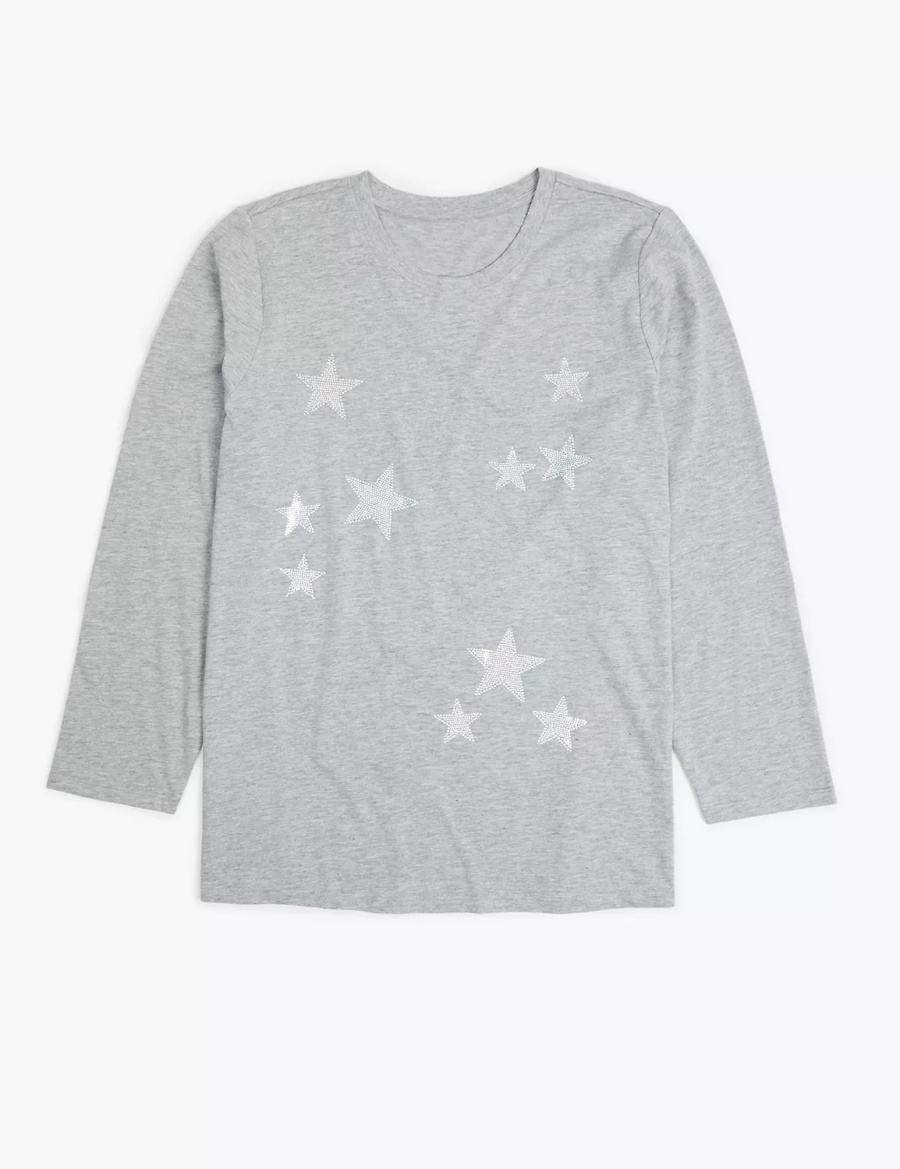 Women Lane Bryant Long-Sleeve Stars Graphic Tee T Shirts Grey | VSC4290EK