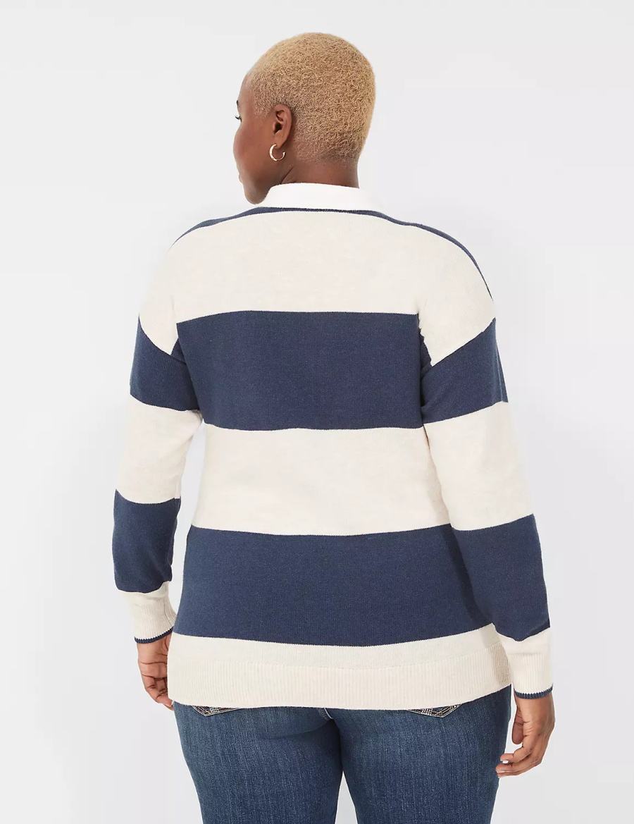 Women Lane Bryant Long-Sleeve Stripe Polo Sweaters Navy Stripes | NZL7948GM