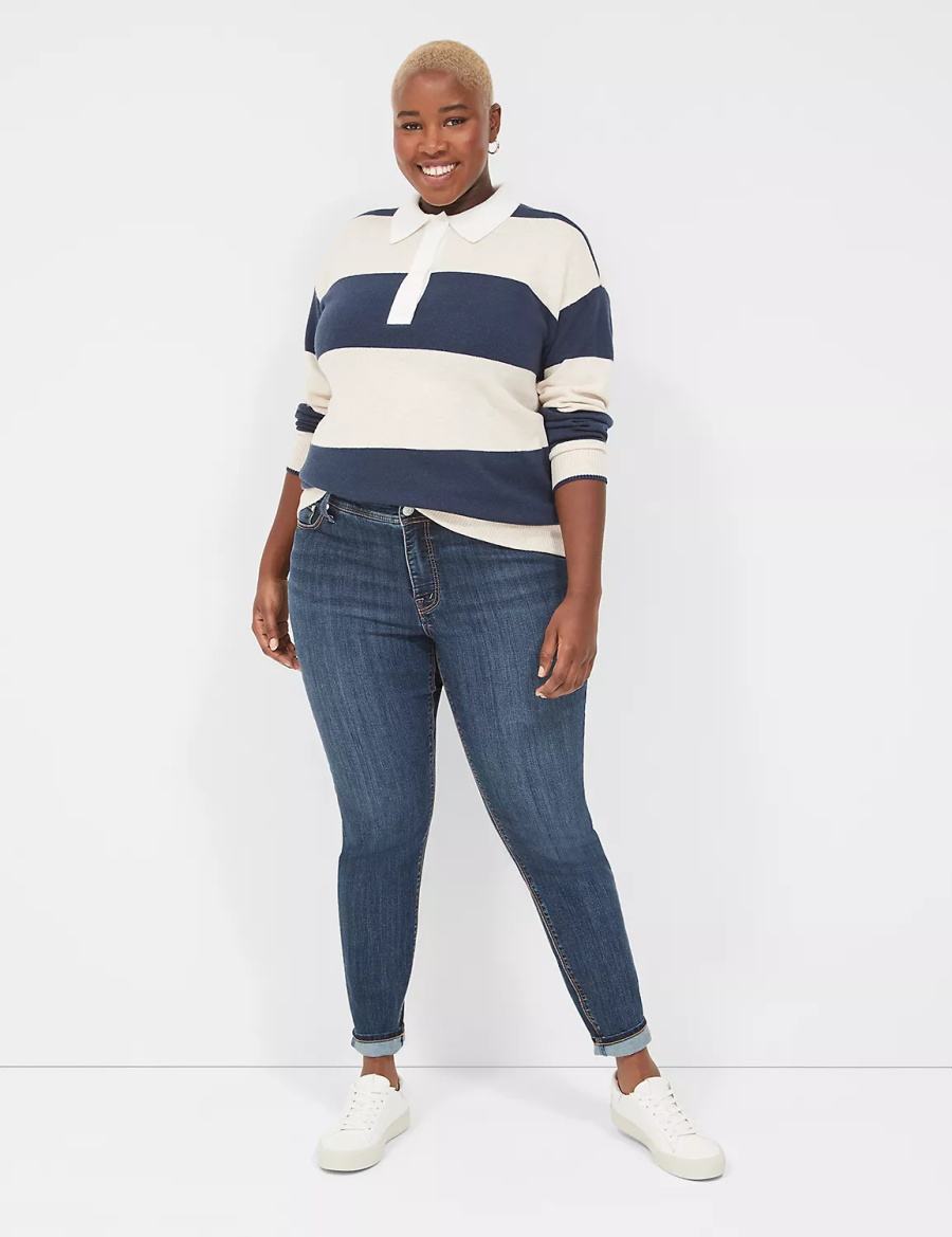 Women Lane Bryant Long-Sleeve Stripe Polo Sweaters Navy Stripes | NZL7948GM