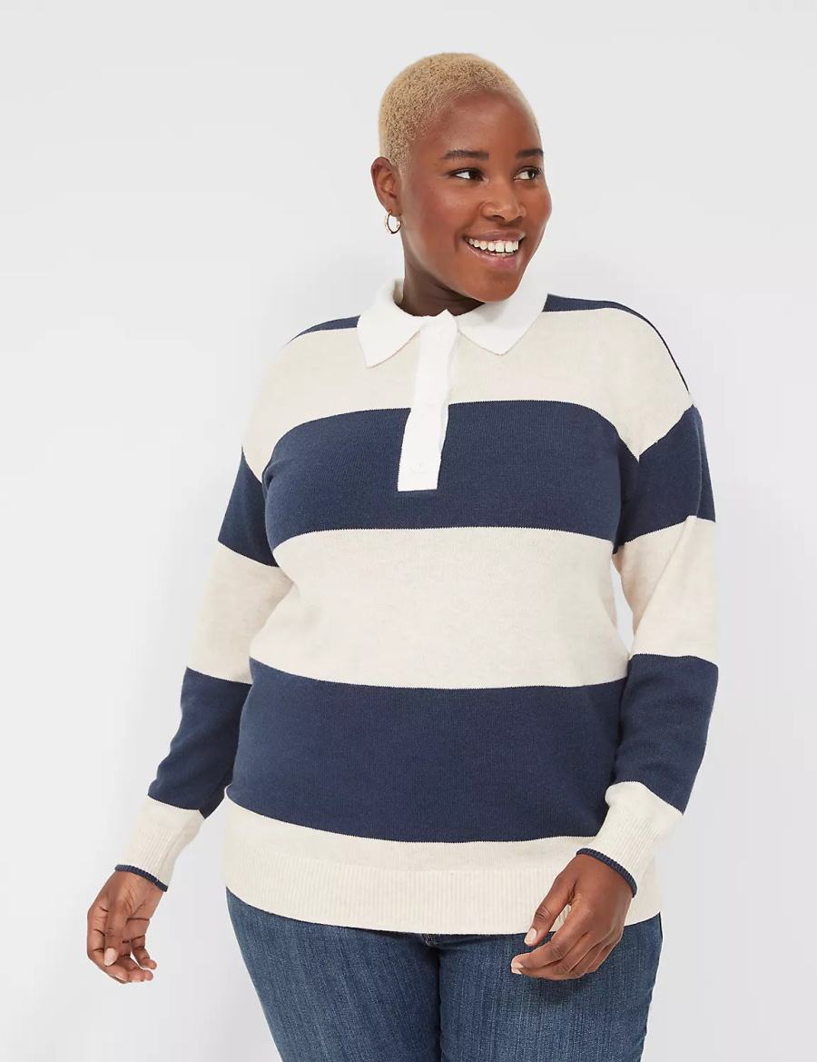 Women Lane Bryant Long-Sleeve Stripe Polo Sweaters Navy Stripes | NZL7948GM