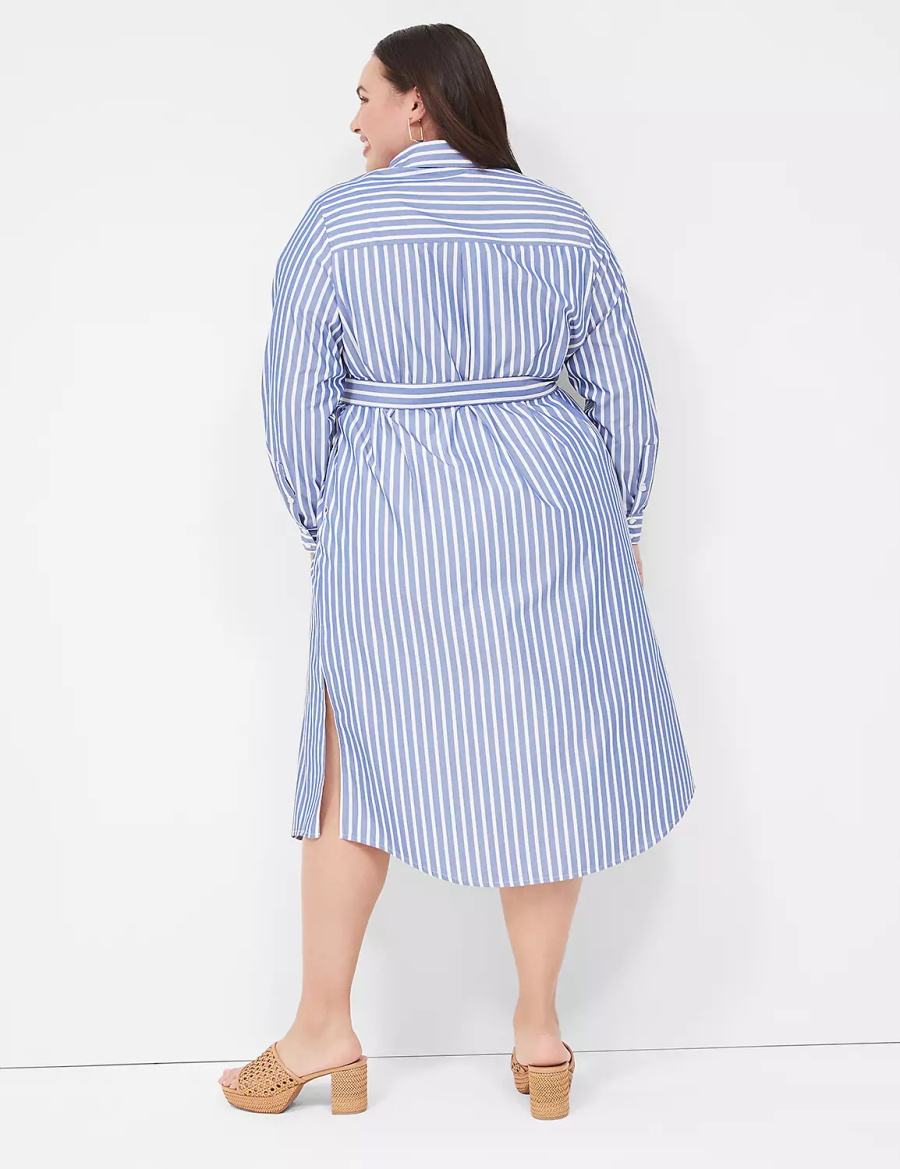 Women Lane Bryant Long-Sleeveed Midi Shirt Dress Blue Stripes | OCD4031HY