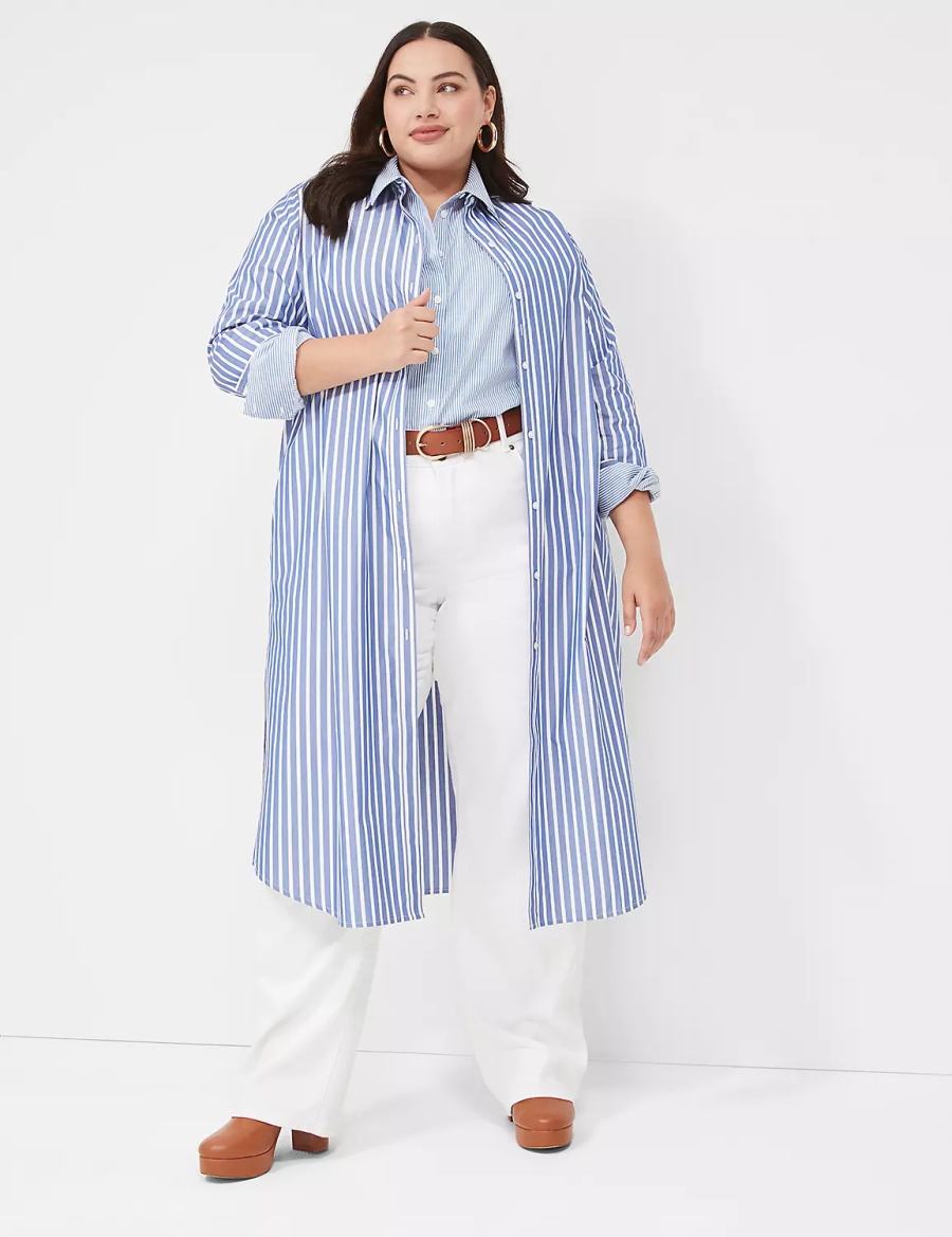 Women Lane Bryant Long-Sleeveed Midi Shirt Dress Blue Stripes | OCD4031HY