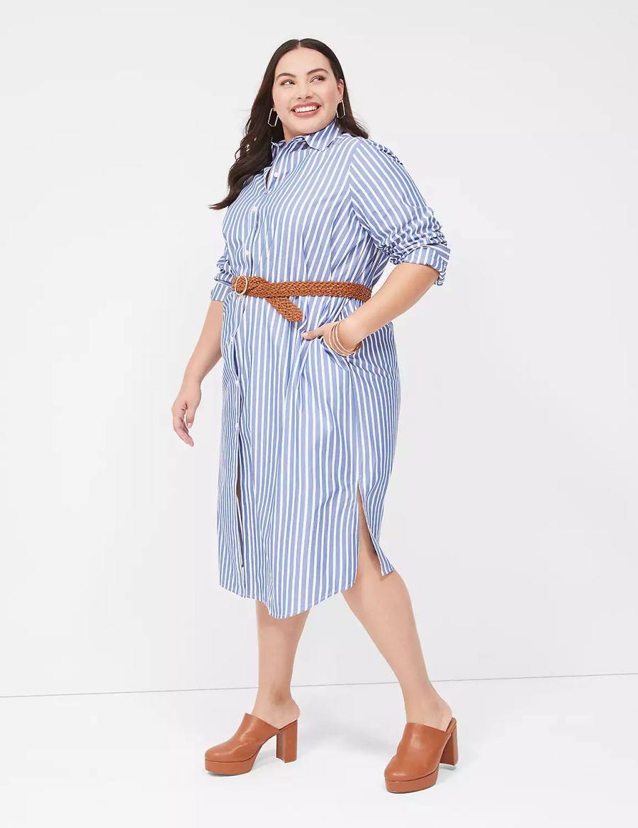 Women Lane Bryant Long-Sleeveed Midi Shirt Dress Blue Stripes | OCD4031HY