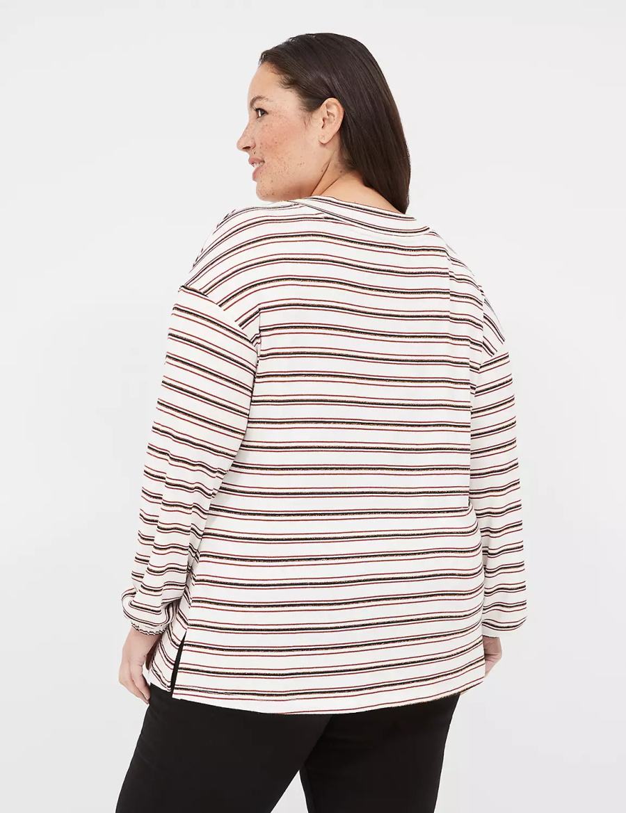 Women Lane Bryant Lurex Blouson-Sleeve V-Neck Tunic T Shirts White Black Stripes | IOL3762JK